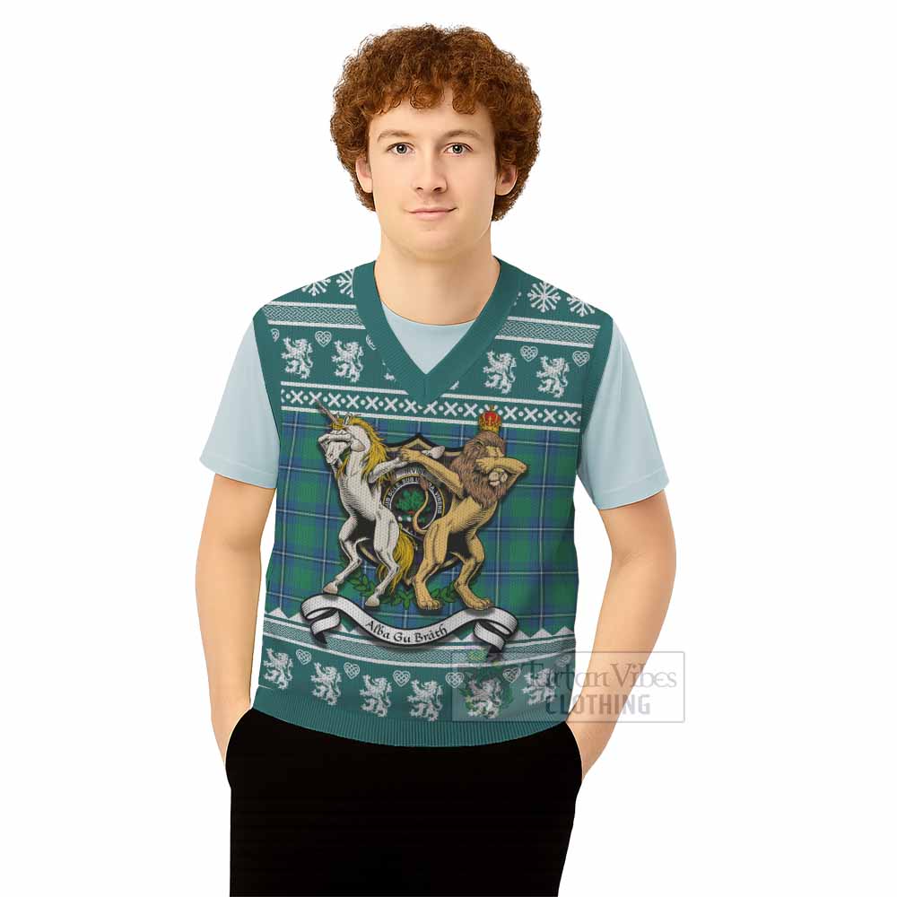 Irvine Clan Tartan Crest Christmas Knitted V-Neck Vest Coat of Arms Funny Style - Tartan Vibes Clothing