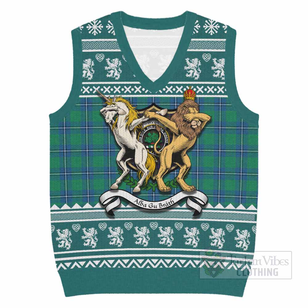 Irvine Clan Tartan Crest Christmas Knitted V-Neck Vest Coat of Arms Funny Style - Tartan Vibes Clothing