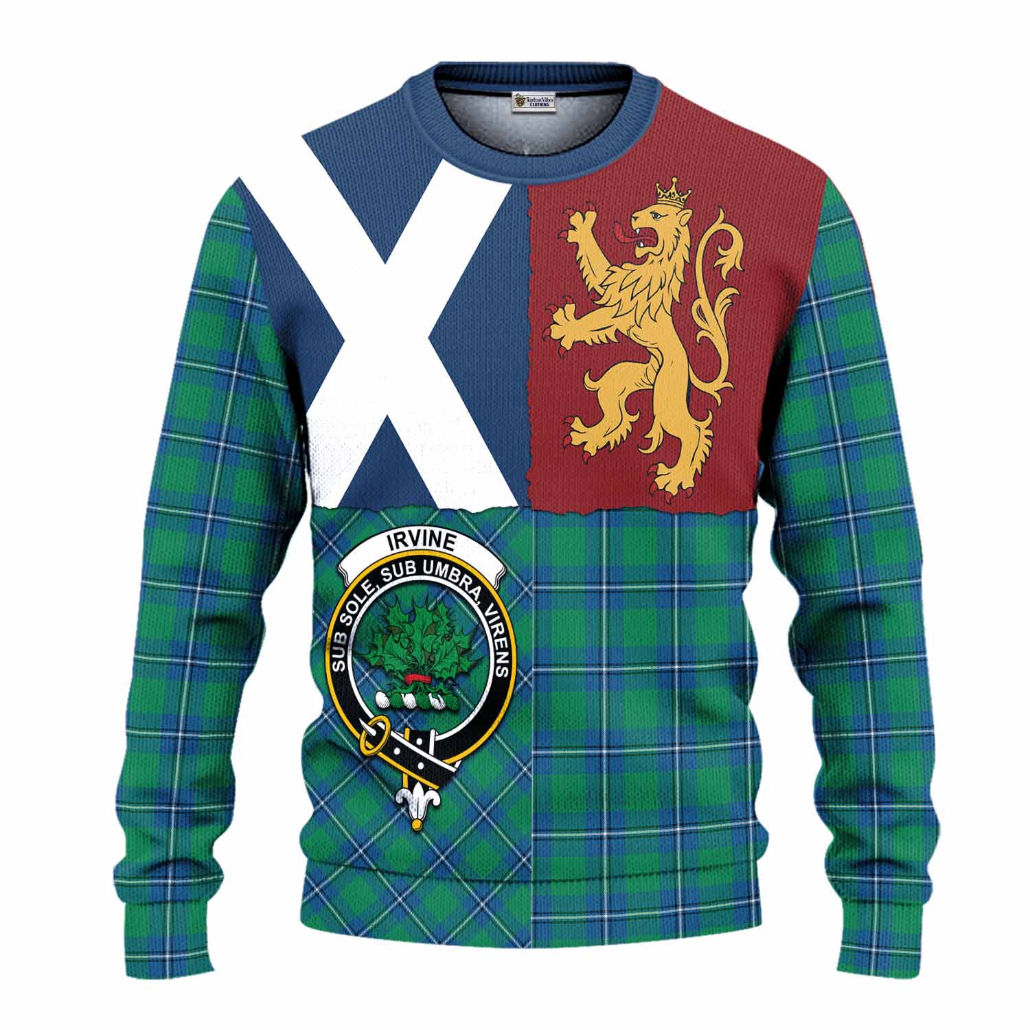 Irvine Crest Tartan Knitted Sweater with Lion Rampant Saltire Style