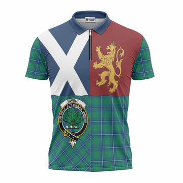 Irvine Crest Tartan Zipper Polo Shirt with Lion Rampant Saltire Style