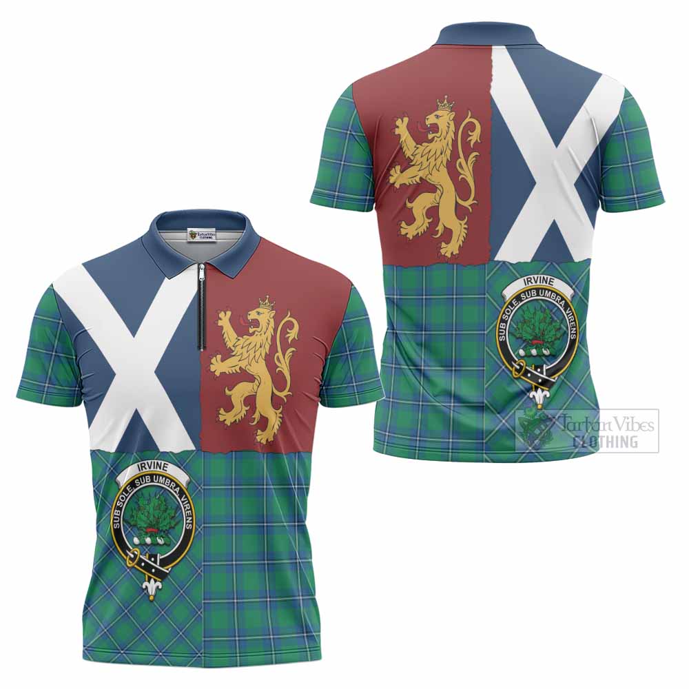 Irvine Crest Tartan Zipper Polo Shirt with Lion Rampant Saltire Style