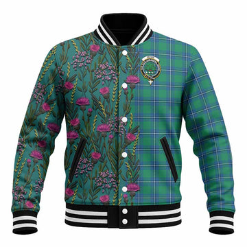 Irvine Family Crest Tartan Baseball Jacket Scottish Thistle Flower Pattern Half Style