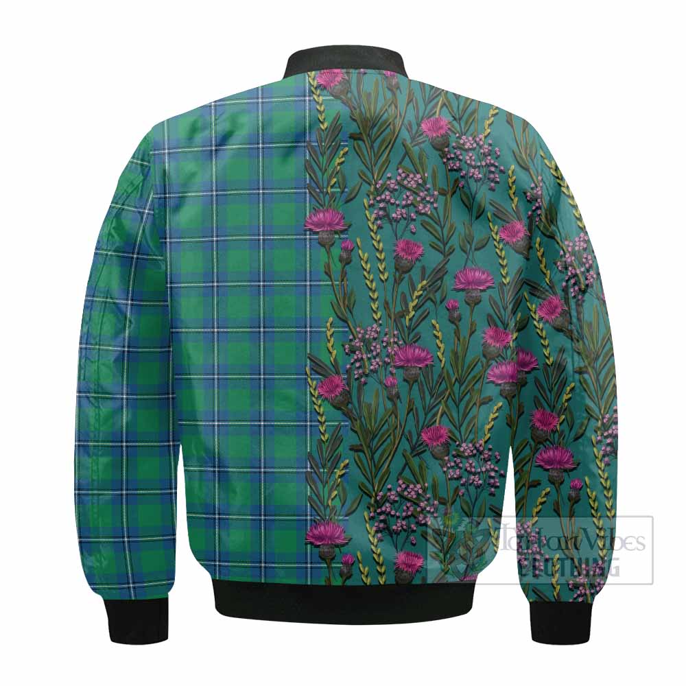 Irvine Family Crest Tartan Bomber Jacket Scottish Thistle Flower Pattern Half Style - Tartan Vibes Clothing