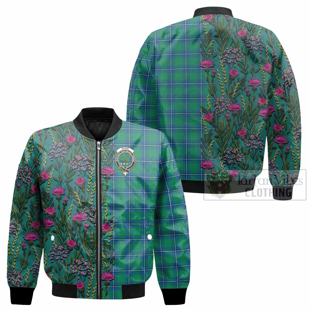 Irvine Family Crest Tartan Bomber Jacket Scottish Thistle Flower Pattern Half Style - Tartan Vibes Clothing