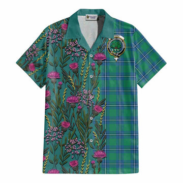 Irvine Family Crest Tartan Cotton Hawaiian Shirt Scottish Thistle Flower Pattern Half Style - Tartan Vibes Clothing
