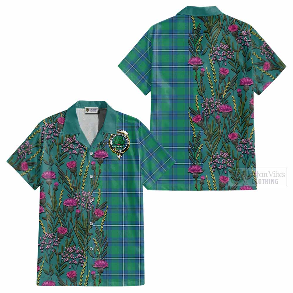 Irvine Family Crest Tartan Cotton Hawaiian Shirt Scottish Thistle Flower Pattern Half Style - Tartan Vibes Clothing