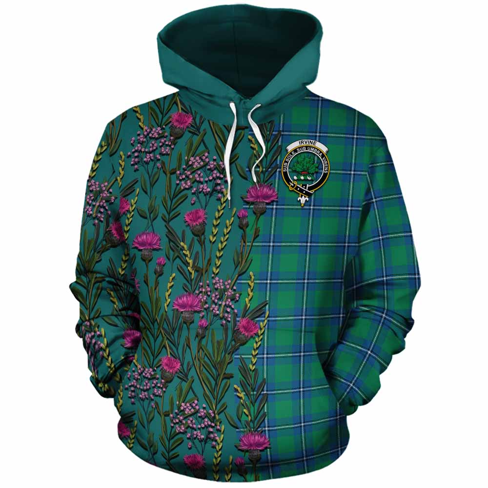 Irvine Family Crest Tartan Cotton Hoodie Scottish Thistle Flower Pattern Half Style - Tartan Vibes Clothing
