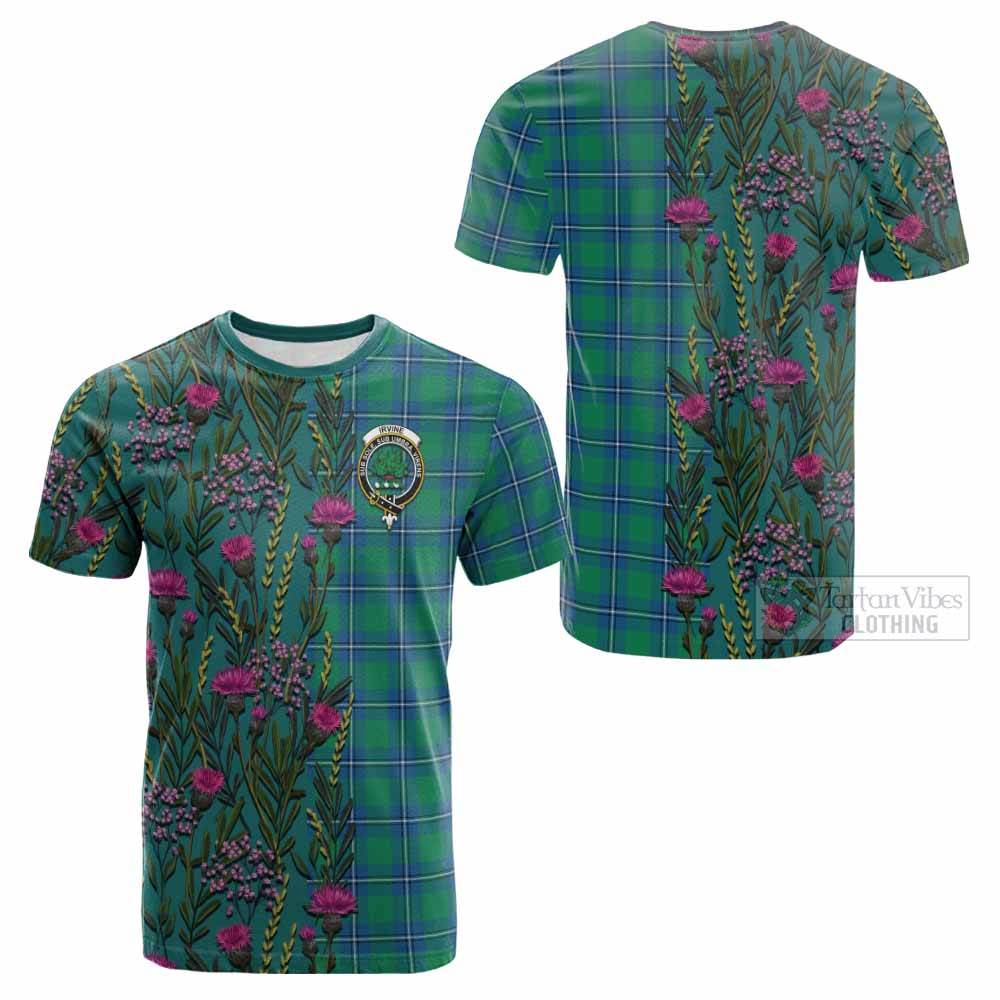 Irvine Family Crest Tartan Cotton T-shirt Scottish Thistle Flower Pattern Half Style - Tartan Vibes Clothing