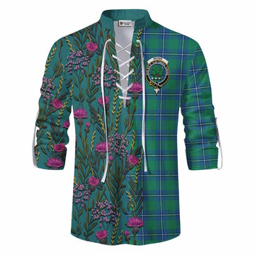 Irvine Family Crest Tartan Ghillie Shirt Scottish Thistle Flower Pattern Half Style