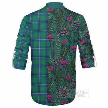 Irvine Family Crest Tartan Ghillie Shirt Scottish Thistle Flower Pattern Half Style