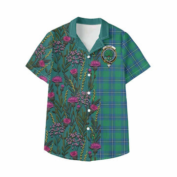 Irvine Family Crest Tartan Kid Hawaiian Shirt Scottish Thistle Flower Pattern Half Style - Tartan Vibes Clothing