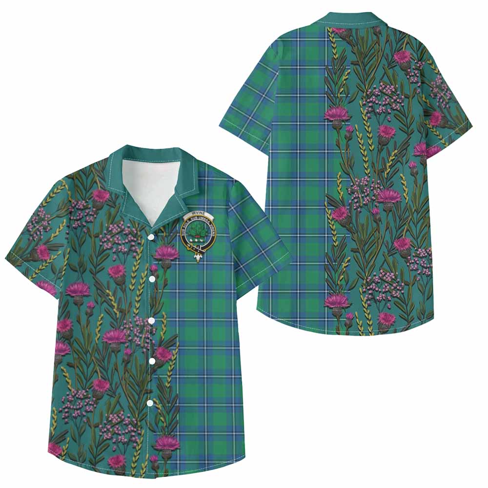 Irvine Family Crest Tartan Kid Hawaiian Shirt Scottish Thistle Flower Pattern Half Style - Tartan Vibes Clothing