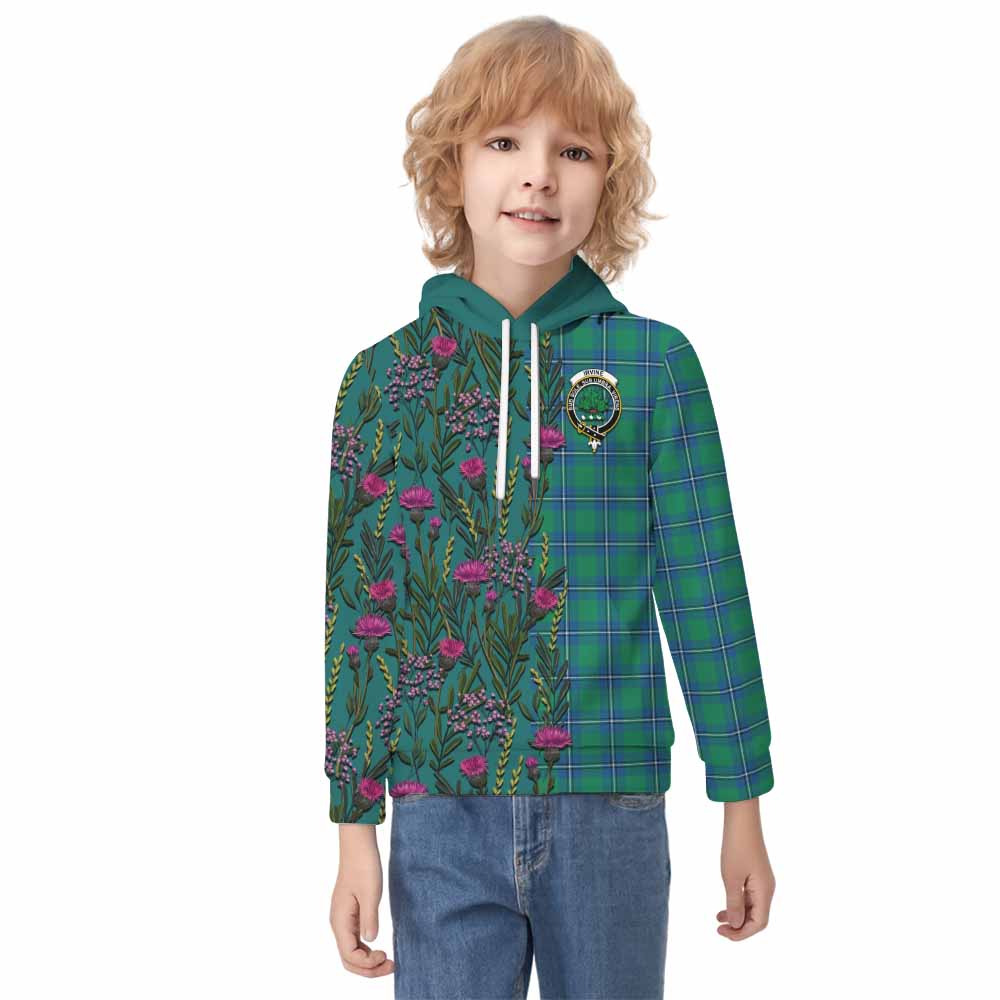 Irvine Family Crest Tartan Kid Hoodie Scottish Thistle Flower Pattern Half Style - Tartan Vibes Clothing