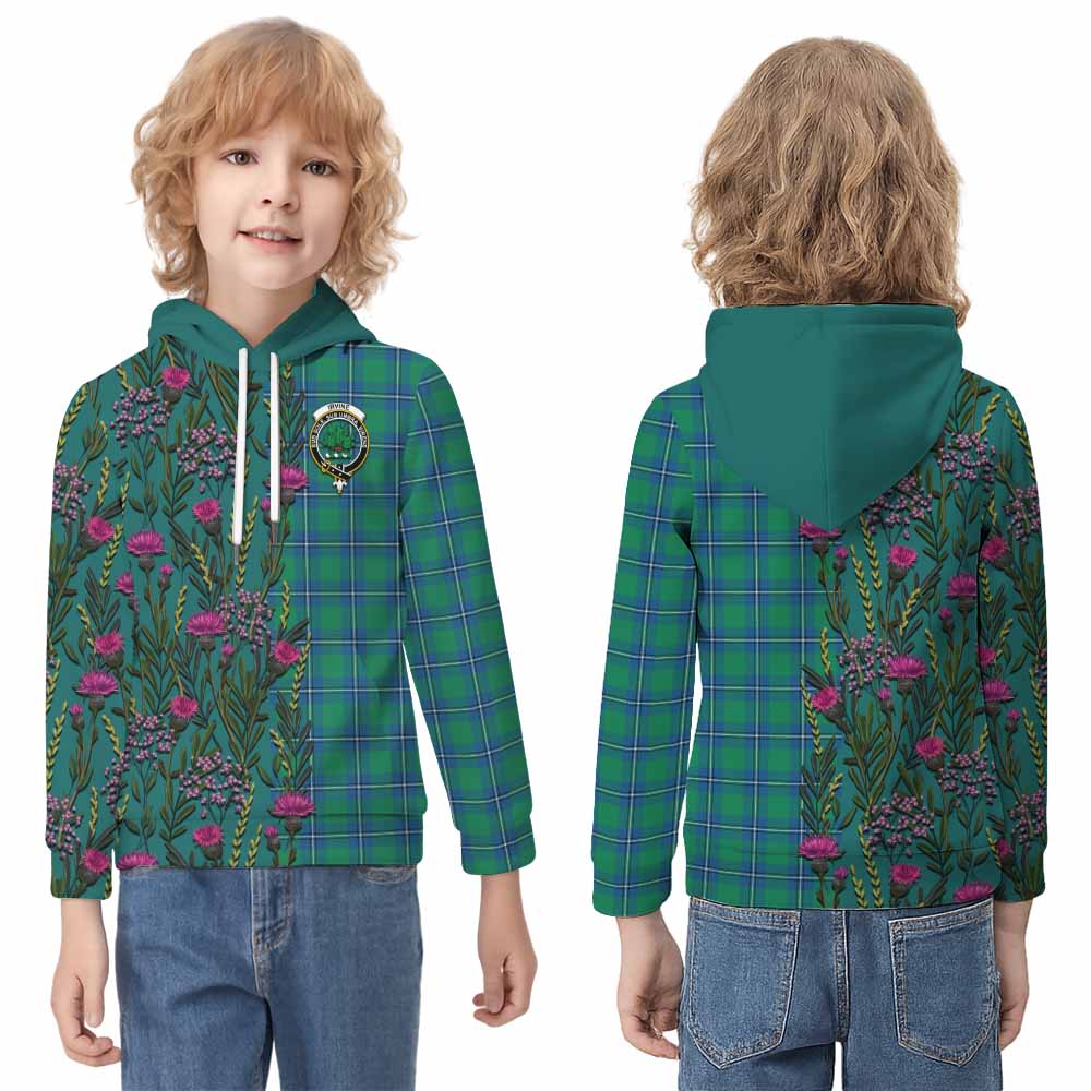 Irvine Family Crest Tartan Kid Hoodie Scottish Thistle Flower Pattern Half Style - Tartan Vibes Clothing