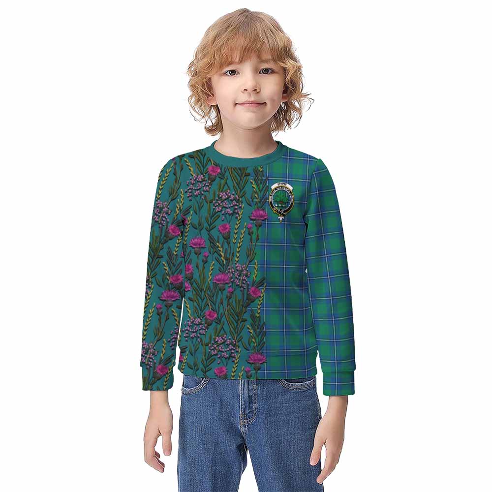 Irvine Family Crest Tartan Kid Knitted Sweatshirt Scottish Thistle Flower Pattern Half Style - Tartan Vibes Clothing