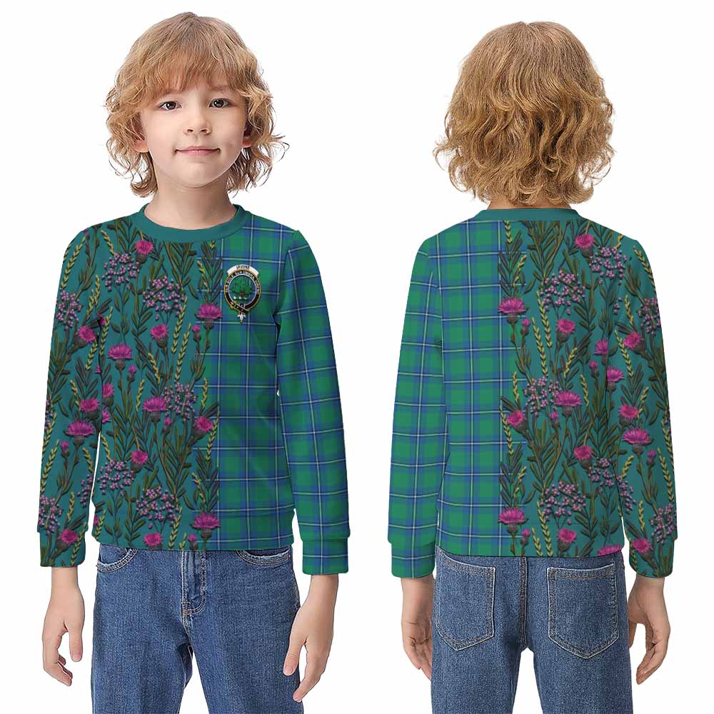 Irvine Family Crest Tartan Kid Knitted Sweatshirt Scottish Thistle Flower Pattern Half Style - Tartan Vibes Clothing