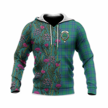 Irvine Family Crest Tartan Knitted Hoodie Scottish Thistle Flower Pattern Half Style