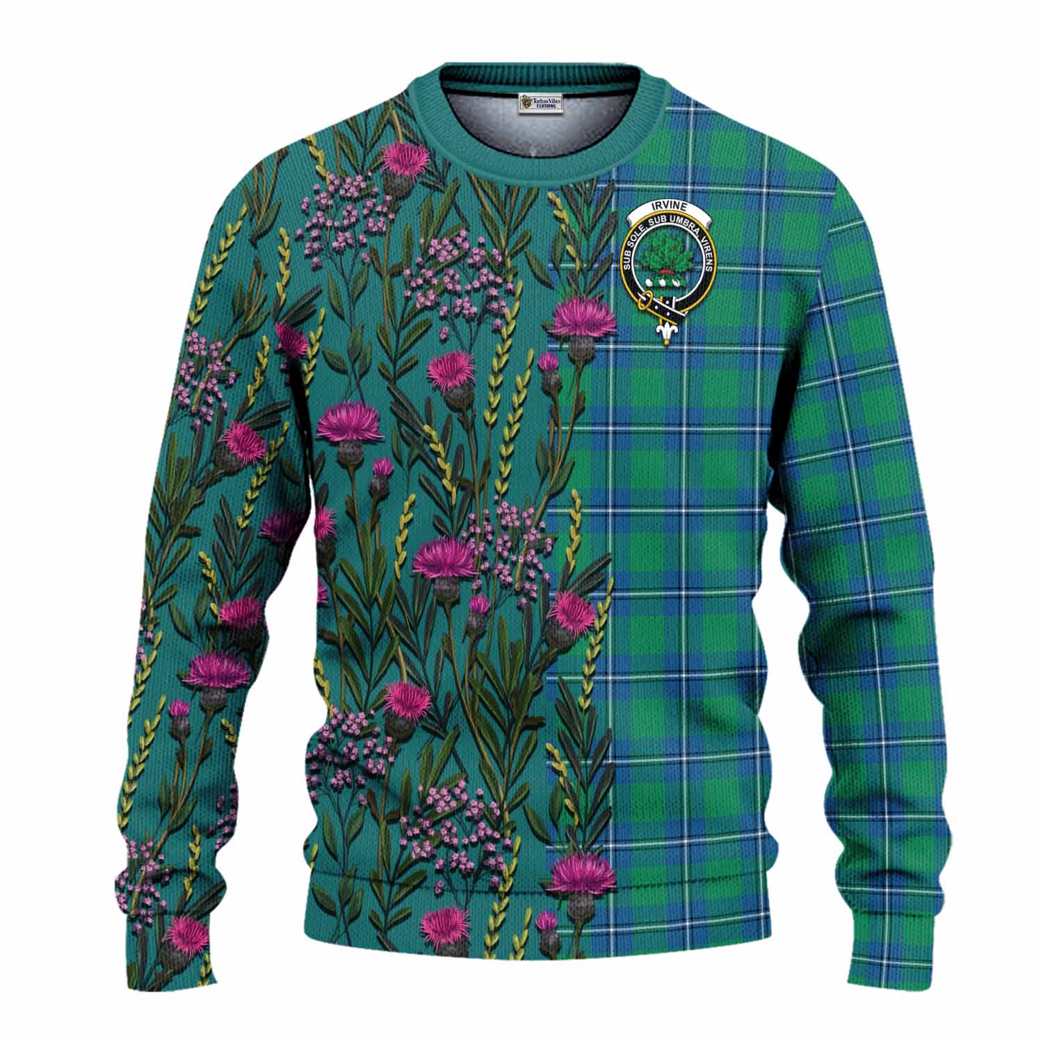 Irvine Family Crest Tartan Knitted Sweater Scottish Thistle Flower Pattern Half Style - Tartan Vibes Clothing