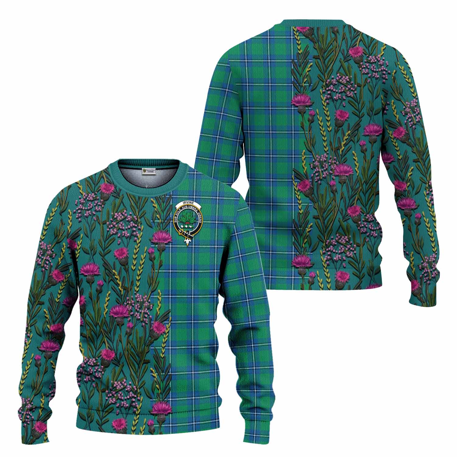 Irvine Family Crest Tartan Knitted Sweater Scottish Thistle Flower Pattern Half Style - Tartan Vibes Clothing