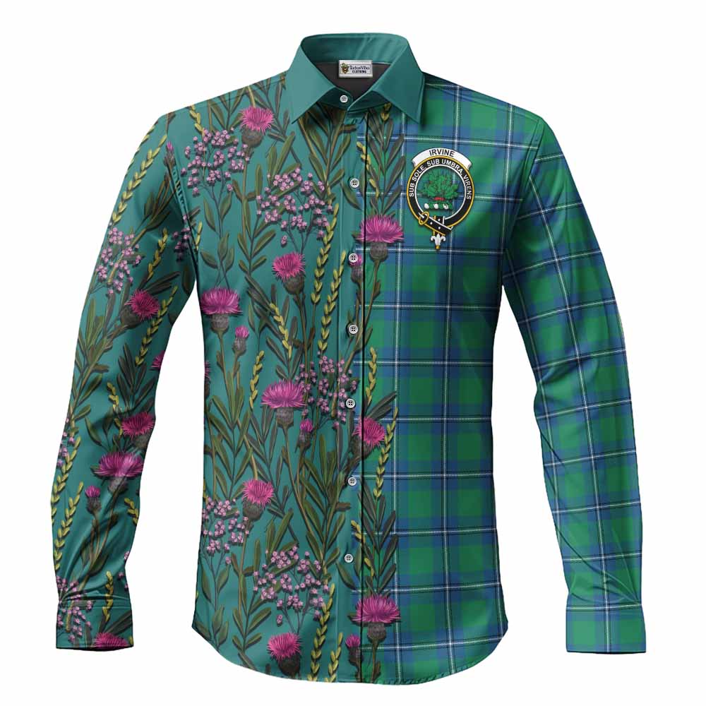 Irvine Family Crest Tartan Long Sleeve Button Shirts Scottish Thistle Flower Pattern Half Style - Tartan Vibes Clothing