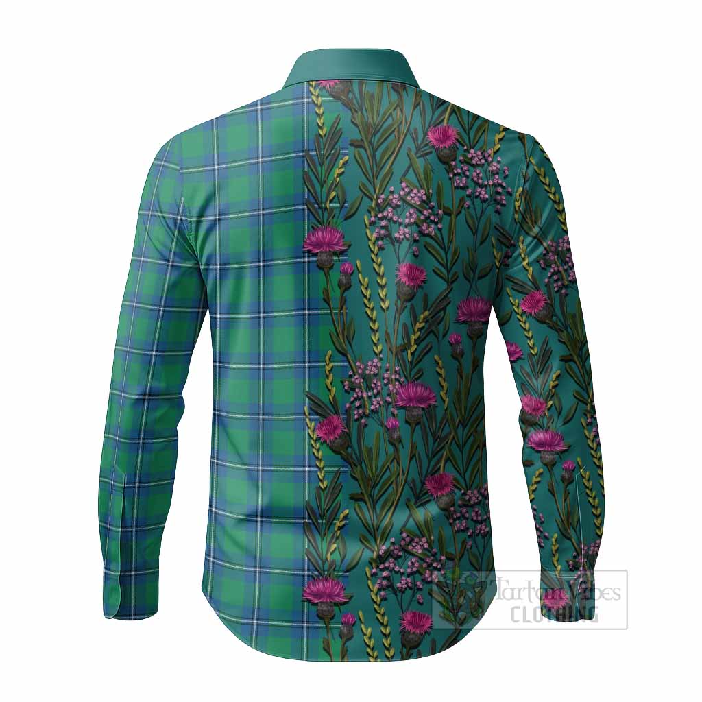 Irvine Family Crest Tartan Long Sleeve Button Shirts Scottish Thistle Flower Pattern Half Style - Tartan Vibes Clothing