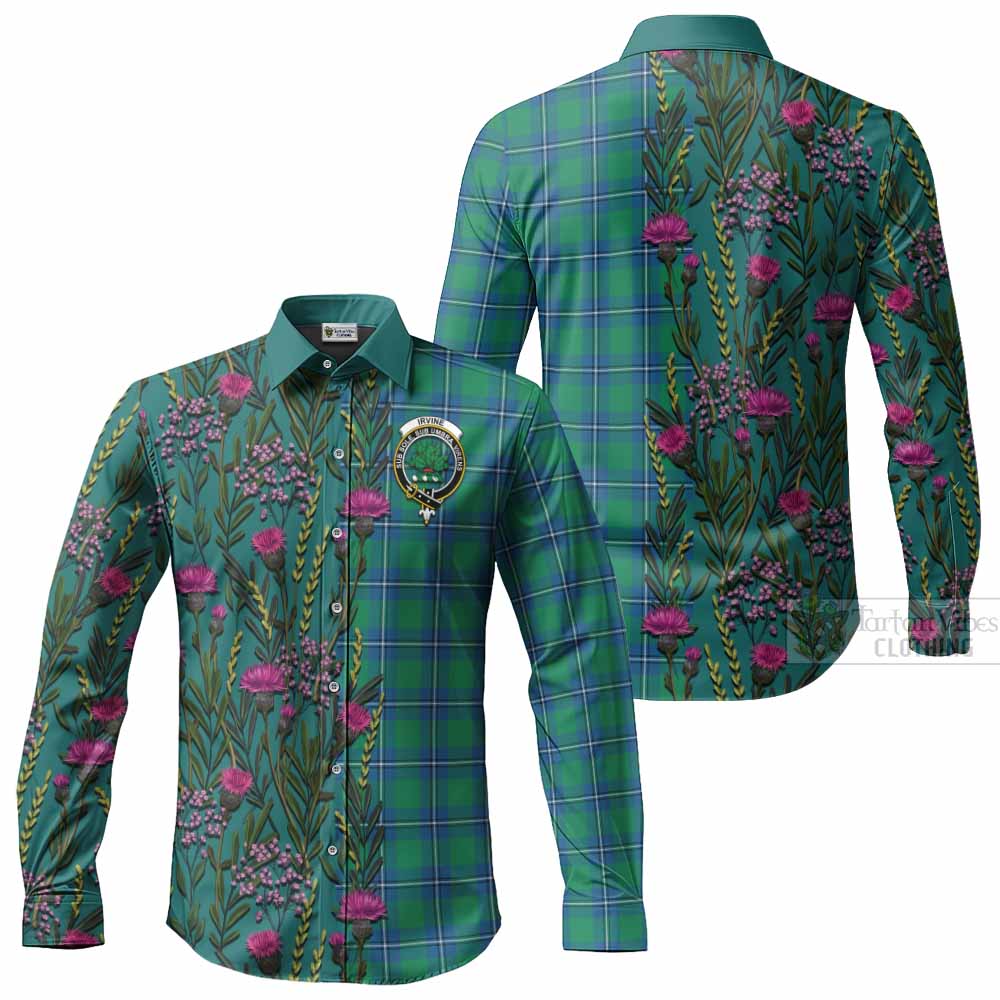 Irvine Family Crest Tartan Long Sleeve Button Shirts Scottish Thistle Flower Pattern Half Style - Tartan Vibes Clothing