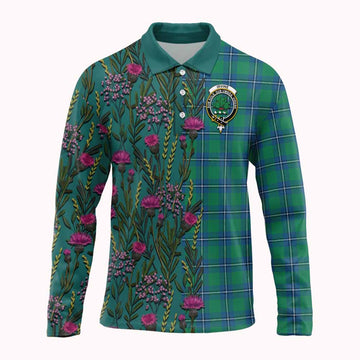 Irvine Family Crest Tartan Long Sleeve Polo Shirt Scottish Thistle Flower Pattern Half Style