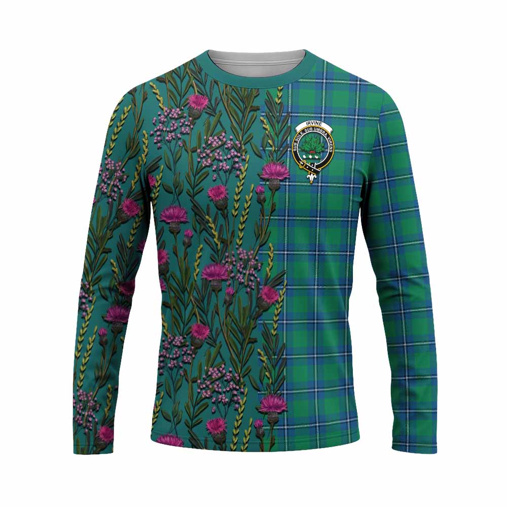 Irvine Family Crest Tartan Long Sleeve T-Shirt Scottish Thistle Flower Pattern Half Style - Tartan Vibes Clothing