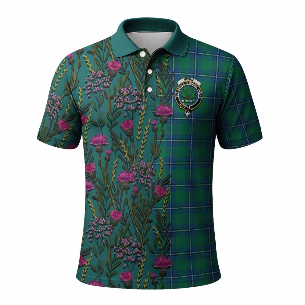 Irvine Family Crest Tartan Polo Shirt Scottish Thistle Flower Pattern Half Style - Tartan Vibes Clothing