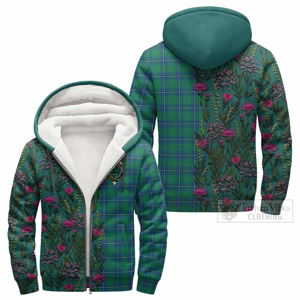 Irvine Family Crest Tartan Sherpa Hoodie Scottish Thistle Flower Pattern Half Style - Tartan Vibes Clothing
