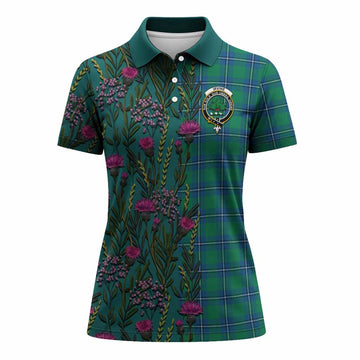 Irvine Family Crest Tartan Women Polo Shirt Scottish Thistle Flower Pattern Half Style - Tartan Vibes Clothing