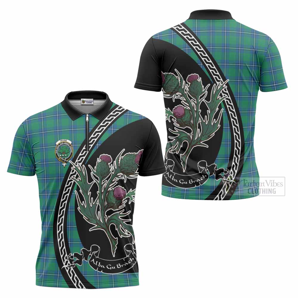 Irvine Family Crest Tartan Zipper Polo Shirt Alba Thistle Inspired - Tartan Vibes Clothing