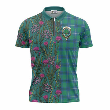 Irvine Family Crest Tartan Zipper Polo Shirt Scottish Thistle Flower Pattern Half Style
