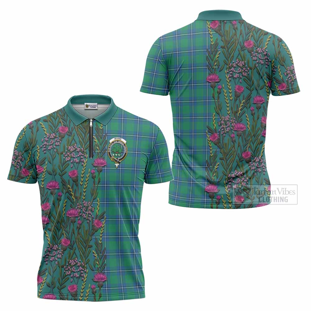 Irvine Family Crest Tartan Zipper Polo Shirt Scottish Thistle Flower Pattern Half Style - Tartan Vibes Clothing