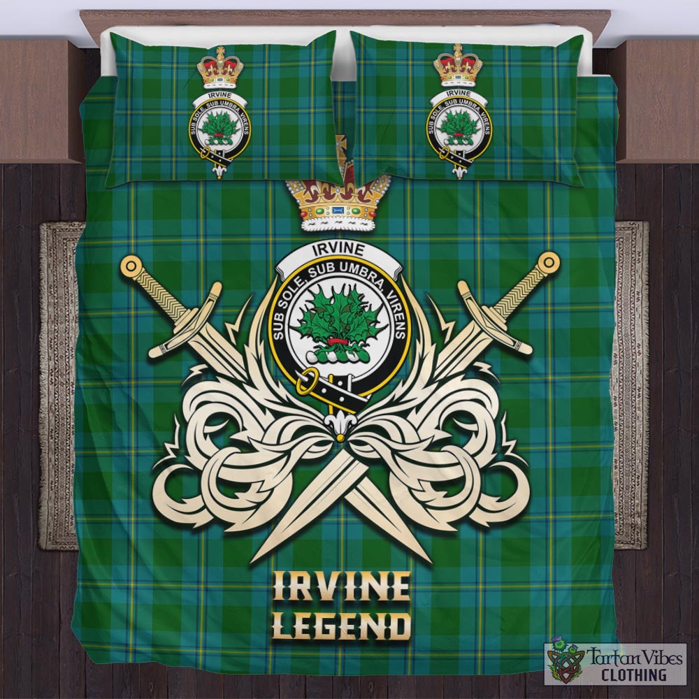Tartan Vibes Clothing Irvine of Bonshaw Tartan Bedding Set with Clan Crest and the Golden Sword of Courageous Legacy