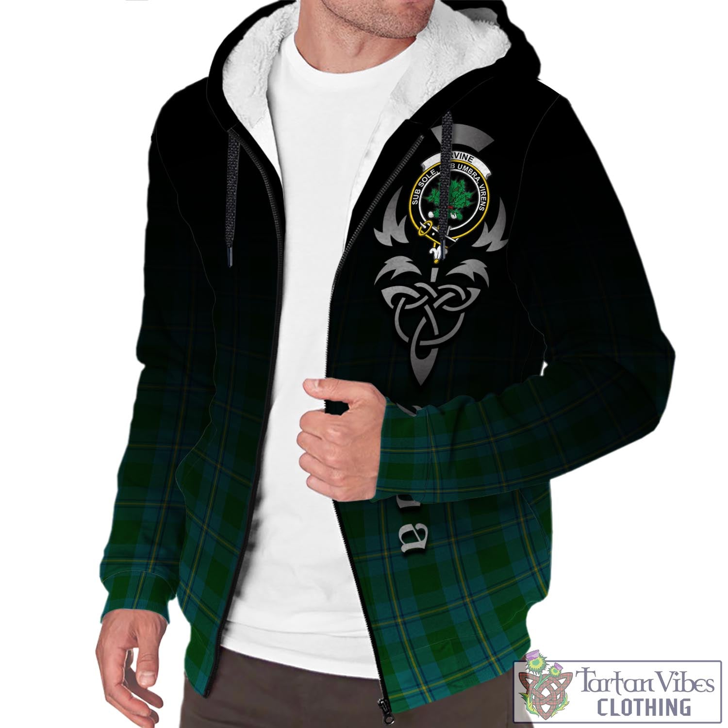 Tartan Vibes Clothing Irvine of Bonshaw Tartan Sherpa Hoodie Featuring Alba Gu Brath Family Crest Celtic Inspired