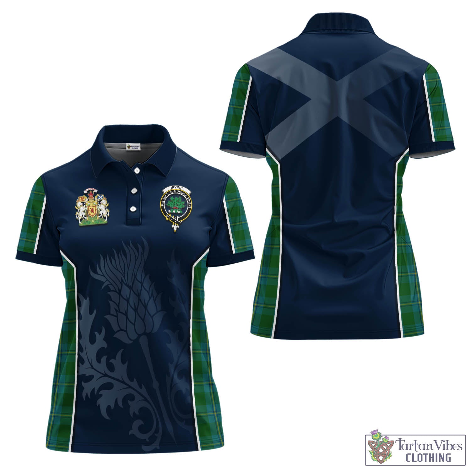 Tartan Vibes Clothing Irvine of Bonshaw Tartan Women's Polo Shirt with Family Crest and Scottish Thistle Vibes Sport Style