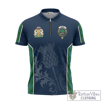 Irvine of Bonshaw Tartan Zipper Polo Shirt with Family Crest and Scottish Thistle Vibes Sport Style