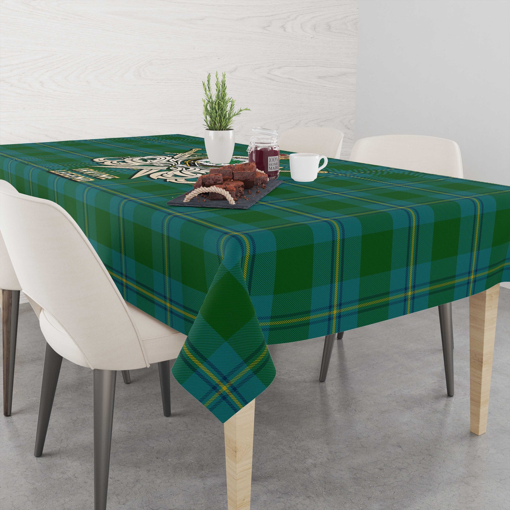 Tartan Vibes Clothing Irvine of Bonshaw Tartan Tablecloth with Clan Crest and the Golden Sword of Courageous Legacy