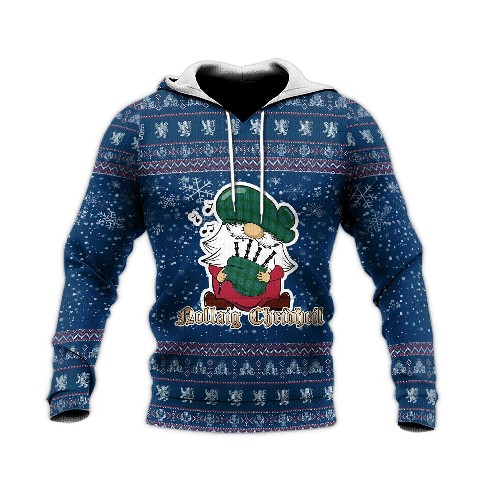 Irvine of Bonshaw Clan Christmas Knitted Hoodie with Funny Gnome Playing Bagpipes - Tartanvibesclothing