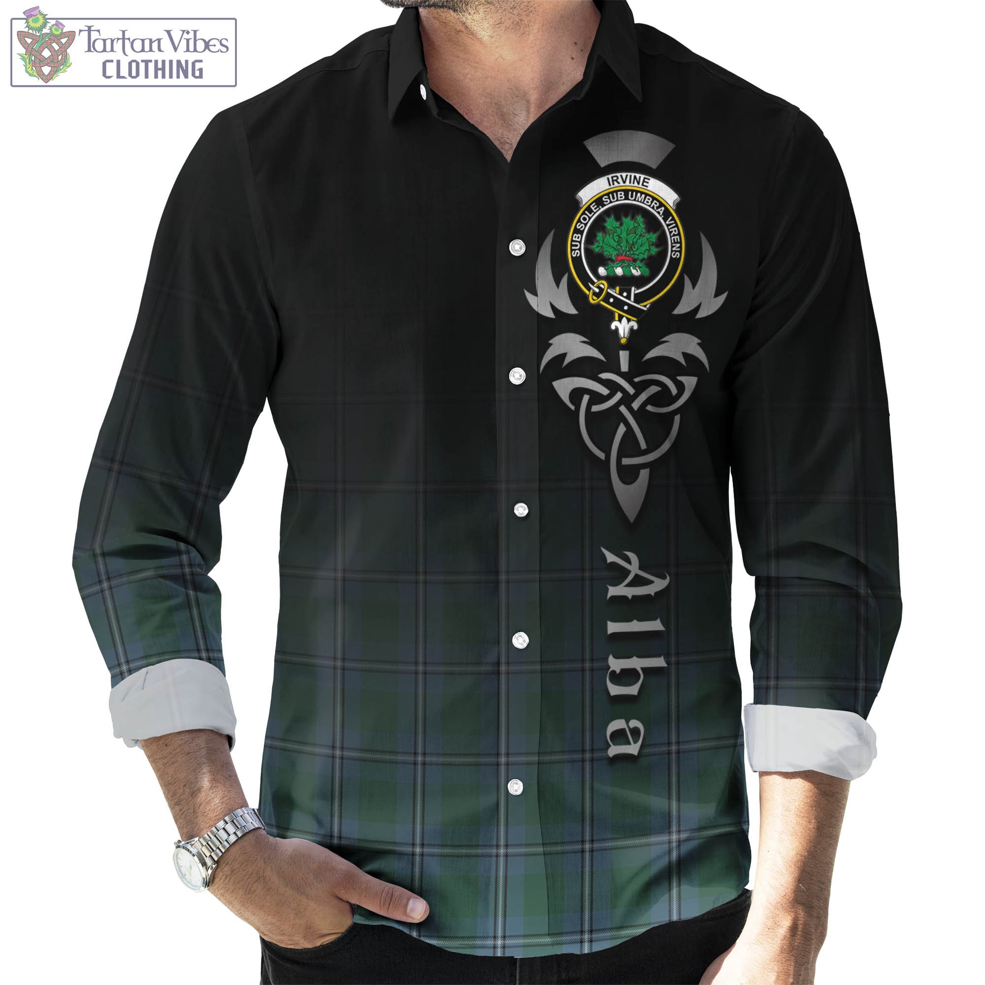 Tartan Vibes Clothing Irvine of Drum Tartan Long Sleeve Button Up Featuring Alba Gu Brath Family Crest Celtic Inspired