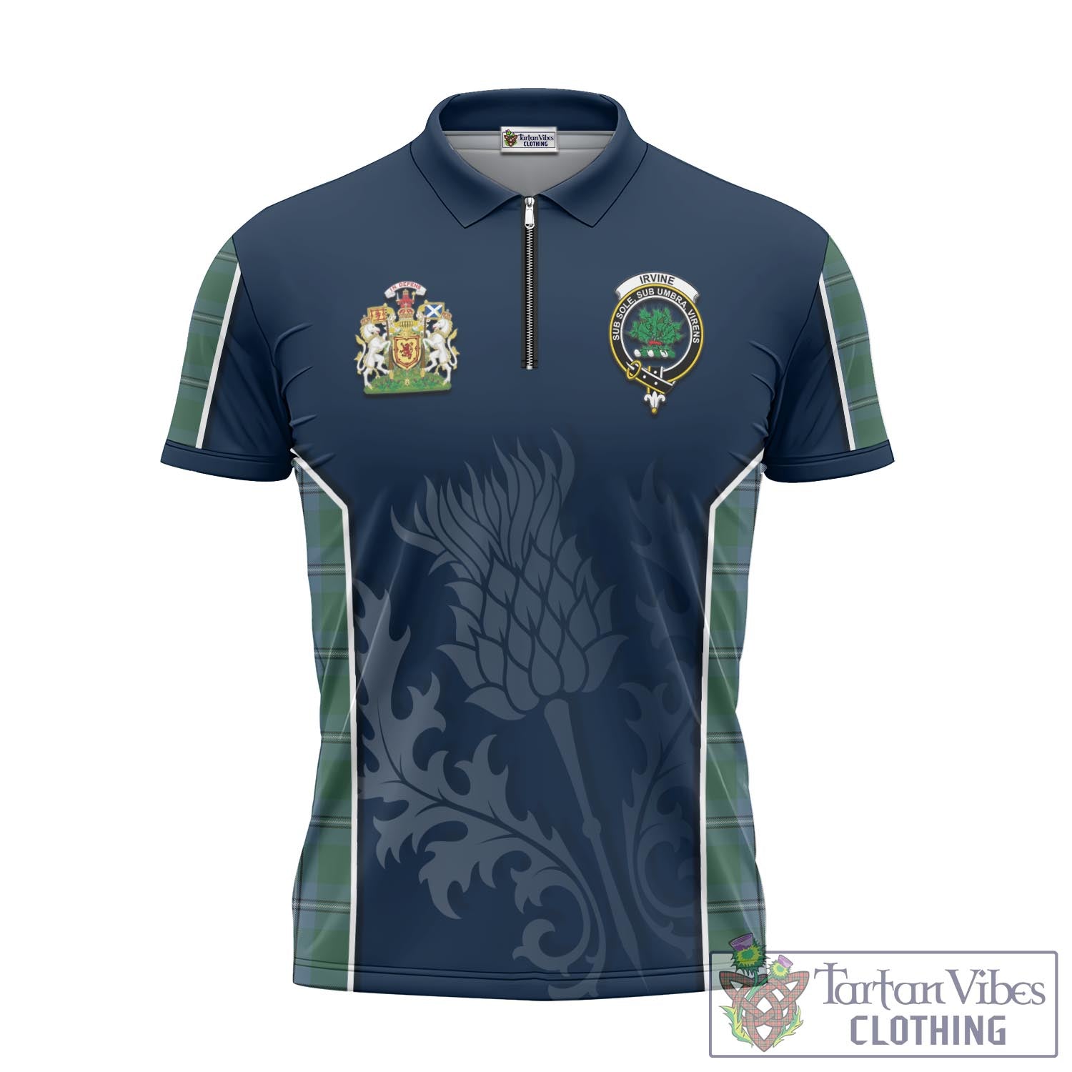 Tartan Vibes Clothing Irvine of Drum Tartan Zipper Polo Shirt with Family Crest and Scottish Thistle Vibes Sport Style
