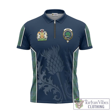 Irvine of Drum Tartan Zipper Polo Shirt with Family Crest and Scottish Thistle Vibes Sport Style