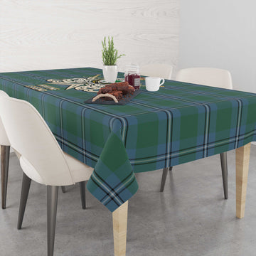 Irvine of Drum Tartan Tablecloth with Clan Crest and the Golden Sword of Courageous Legacy