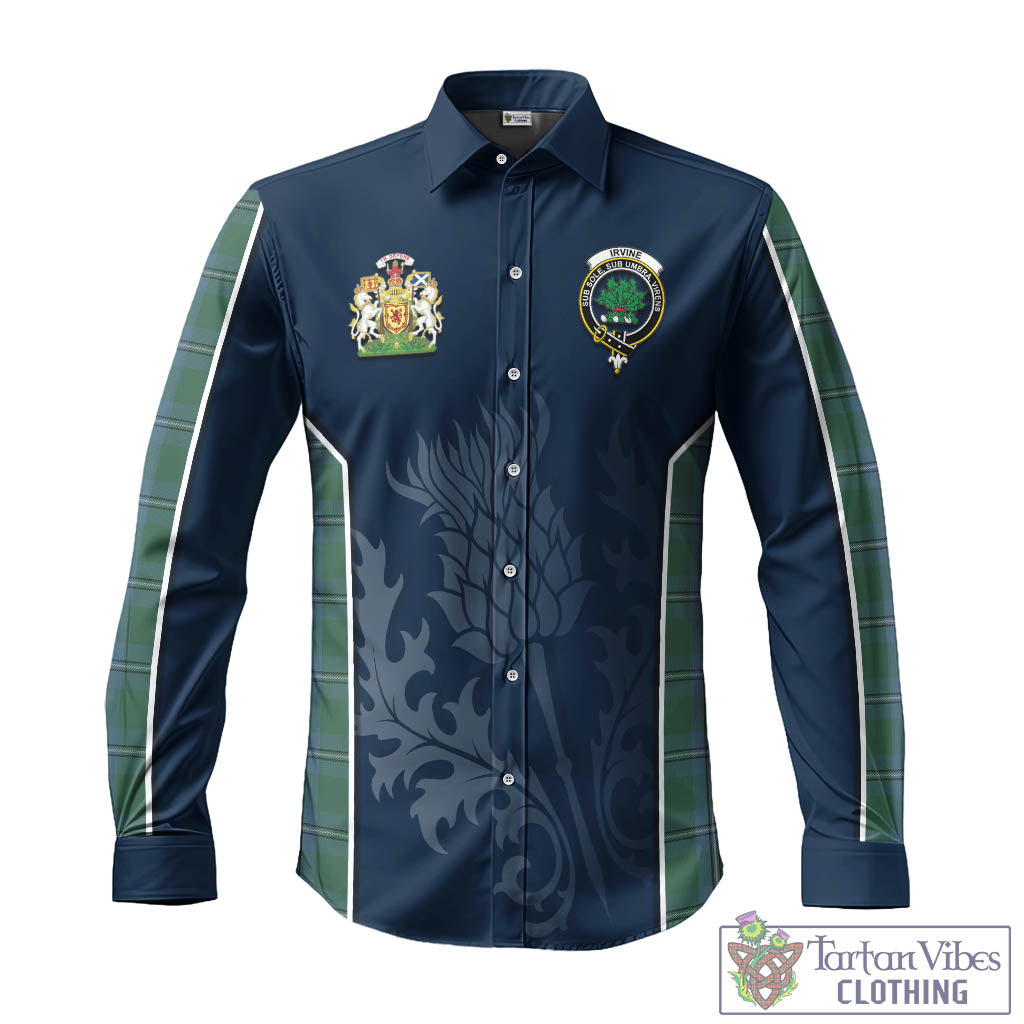 Tartan Vibes Clothing Irvine of Drum Tartan Long Sleeve Button Up Shirt with Family Crest and Scottish Thistle Vibes Sport Style