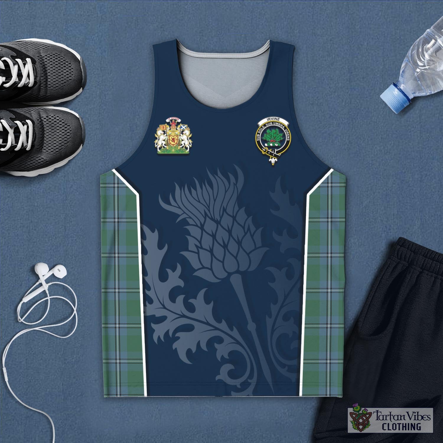 Tartan Vibes Clothing Irvine of Drum Tartan Men's Tanks Top with Family Crest and Scottish Thistle Vibes Sport Style