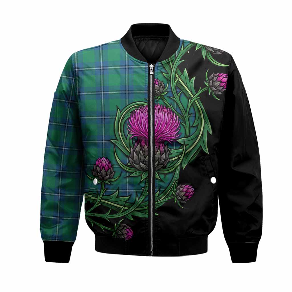 Irvine Tartan Bomber Jacket Resilient Scottish Thistle Unisex Black - Tartan Vibes Clothing