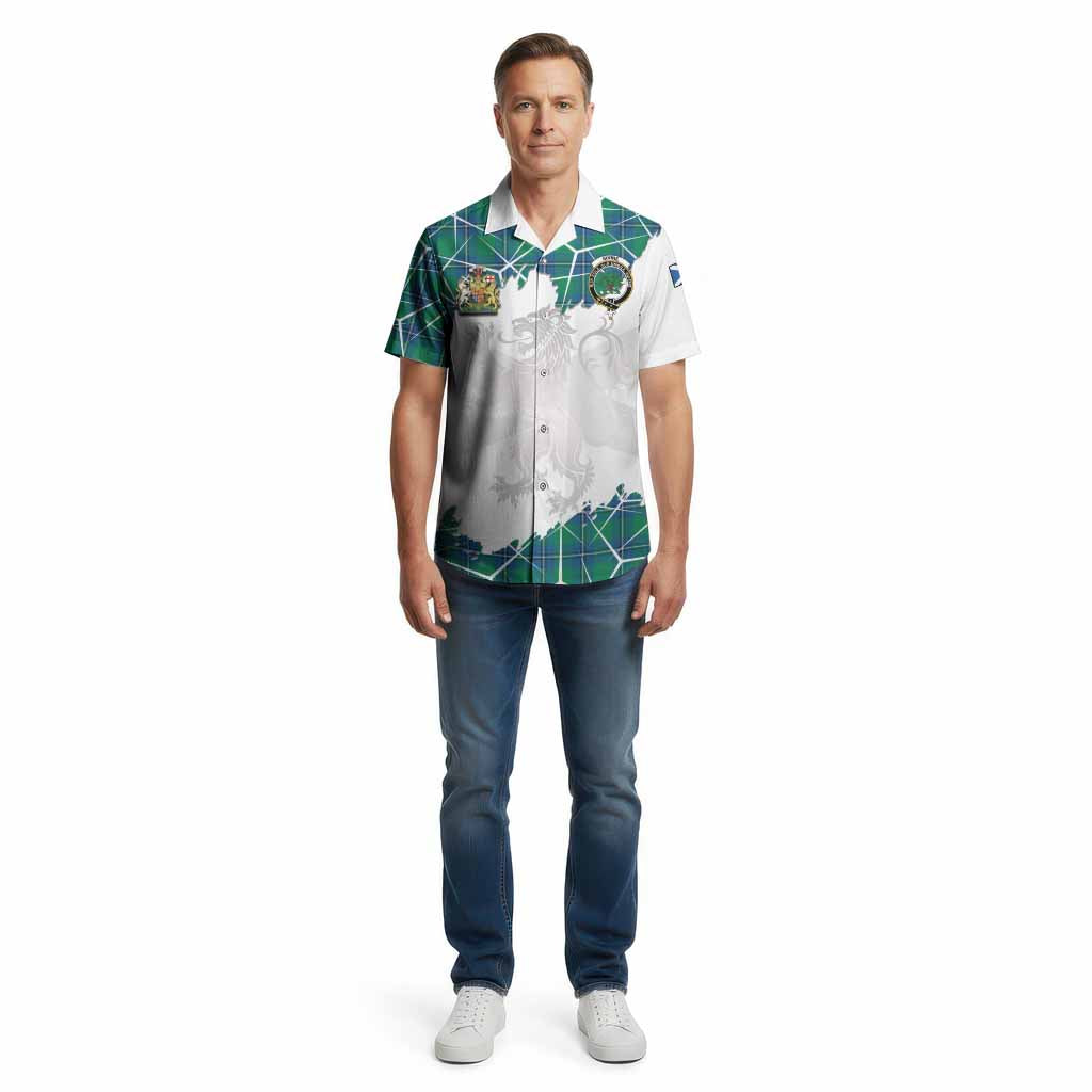 Irvine Tartan Cotton Hawaiian Shirt with Family Crest and Lion Rampant Grunge Style