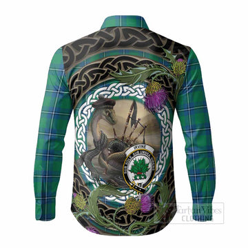 Irvine Tartan Crest Bagpipe Nessie Long Sleeve Button Shirts Scottish Loch Ness Monster Celtic Thistle