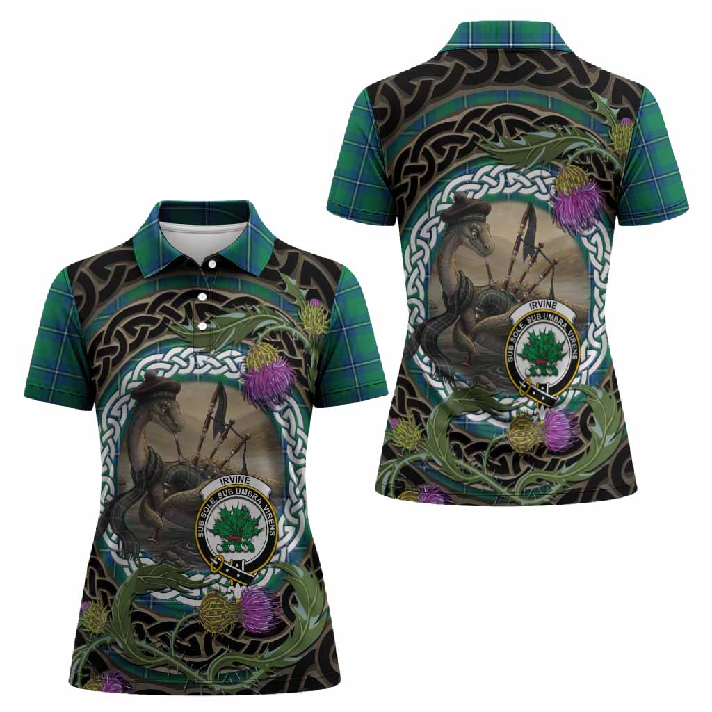 Irvine Tartan Crest Bagpipe Nessie Women Polo Shirt Scottish Loch Ness Monster Celtic Thistle